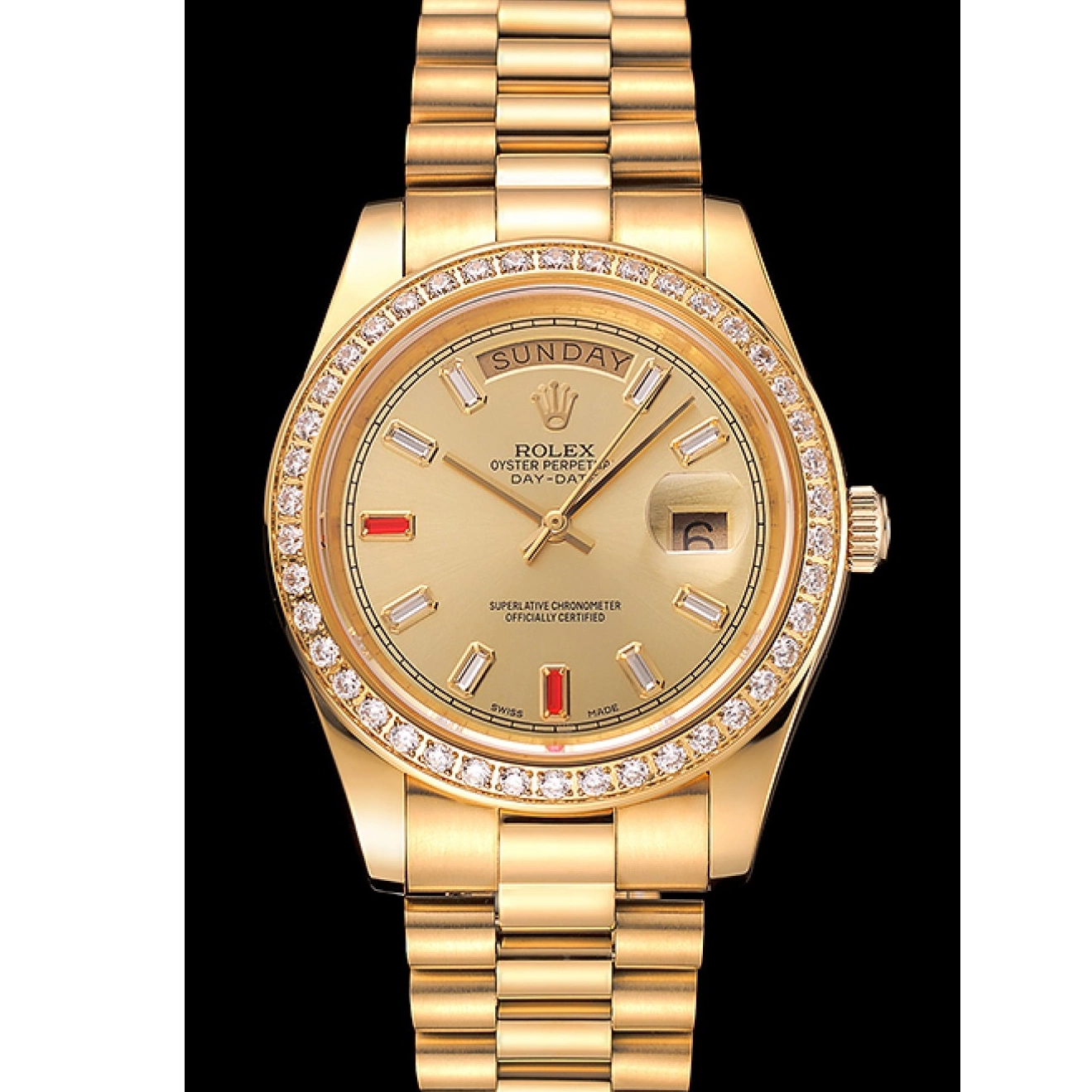 Best AAA Replica Sites 1454100 Champagne And Bracelet Swiss Rubies Dial Day-Date Diamonds Rolex Gold 0622